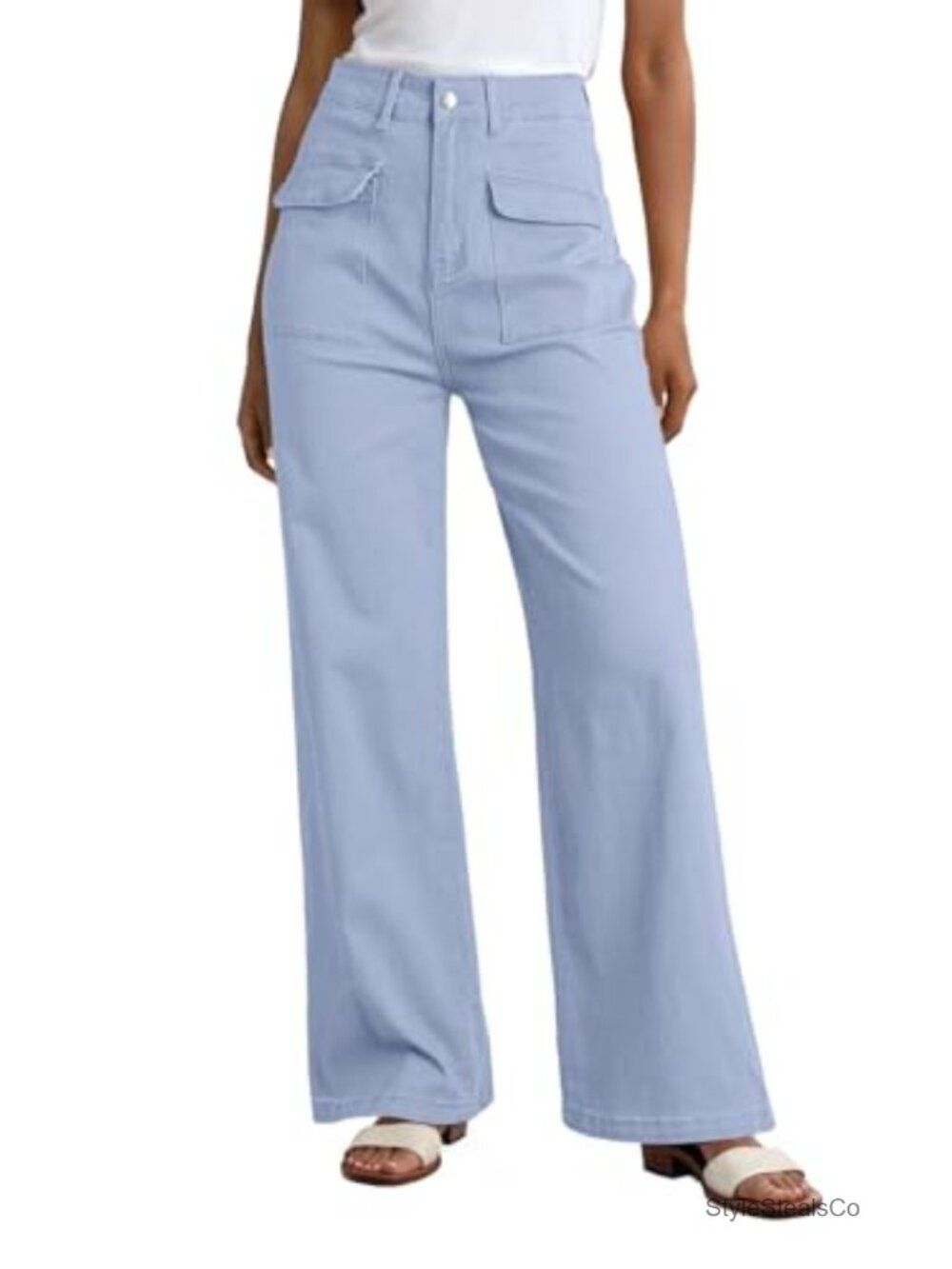 High Stretch Cotton Cargo Wide Leg Pants - Baggy High Waist Casual